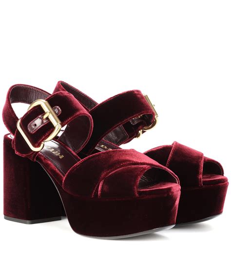 prada red velvet sandals|Prada block heel sandals.